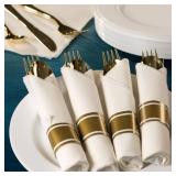 40 Pieces Pre Rolled Cutlery And Napkins Set with Heavy Duty Full Size Polished Gold Cutlery, 10 Forks, 10 Knives, 10 Spoons, In Rolled Napkins, for Weddings, Parties And Events - Retail: $15
