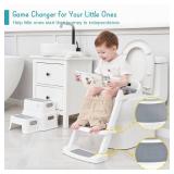 Forbena Potty Training Toilet Seat with Step Stool Ladder, Toddler Kids Potty Seat for Boys Girls, Non Slip Foldable Toilet Training Seat with Soft Cushion, Comfortable Handles (White-Grey) - Retail: 