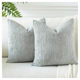 OTOSTAR Pack of 2 Throw Pillow Covers 18 x 18 Inch Soft Corduroy Decorative Square Solid Striped Cushion Case Couch Farmhouse Home Boho Decor Throw Pillows for Sofa Bed Living Room (Grey Blue) - Retai