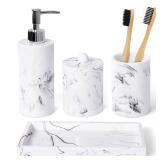 Haturi Bathroom Accessory Set, 4 Pcs Marble Look Bathroom Accessories Sets Complete with Soap Dispenser, Toothbrush Holder, Apothecary Jar, Tray, Home Apartment Modern Bathroom Decor Vanity Countertop
