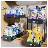 Delamu Under Sink Organizers and Storage, 2 Pack Pull Out Kitchen Bathroom Cabinet Organizer, 2 Tier Black Under Sink Storage for Bathroom Kitchen, Under Counter Storage Organizer with 8 Hooks - Retai