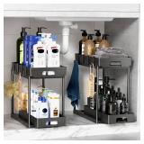 Delamu Under Sink Organizers and Storage, 2 Pack Pull Out Kitchen Bathroom Cabinet Organizer, 2 Tier Black Under Sink Storage for Bathroom Kitchen, Under Counter Storage Organizer with 8 Hooks - Retai