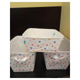 Set of 3 Pillowfort White with Colored Polka-Dot Baskets.  2 15\"x10\"x10\" and one 10.5\"x10.5\"x5\". - Retail: $26