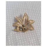Gold Tone Leaf Brooch with Pearl like stones