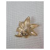 Gold Tone Leaf Brooch with Pearl like stones