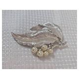 Silver Leaf Pearl Brooch