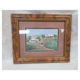Framed Rural Farmhouse Print with Horse-Drawn Wagon
