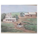 Framed Rural Farmhouse Print with Horse-Drawn Wagon