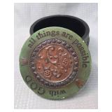 Decorative Green Wooden Round Box with Copper Medallion