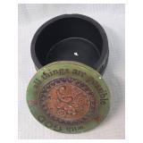 Decorative Green Wooden Round Box with Copper Medallion