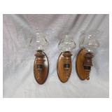Colonial Style Wood Wall Sconces with Glass Shades - Set of 3