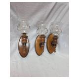 Colonial Style Wood Wall Sconces with Glass Shades - Set of 3