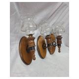 Colonial Style Wood Wall Sconces with Glass Shades - Set of 3