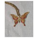 Gold Tone Enamel Butterfly Pendant Necklace