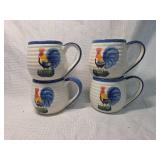 Hand Painted Rooster Coffee Mugs Set Dark Blue Rims