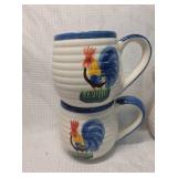 Hand Painted Rooster Coffee Mugs Set Dark Blue Rims
