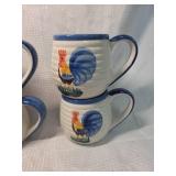 Hand Painted Rooster Coffee Mugs Set Dark Blue Rims
