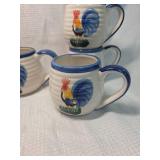 Hand Painted Rooster Coffee Mugs Set Dark Blue Rims