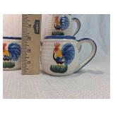 Hand Painted Rooster Coffee Mugs Set Dark Blue Rims