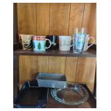 Bakeware- Pyrex & Anchorware; Large Roaster; Mugs, Glass Pint, glass sealed jar; all in lot.