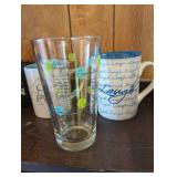 Bakeware- Pyrex & Anchorware; Large Roaster; Mugs, Glass Pint, glass sealed jar; all in lot.