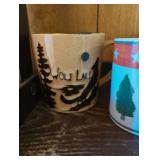 Bakeware- Pyrex & Anchorware; Large Roaster; Mugs, Glass Pint, glass sealed jar; all in lot.