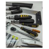 Mixed Hand Tool Set with Stanley Screwdrivers and vanadium Wrenches, hammer, utility knives. See images. All in lot, as is.
