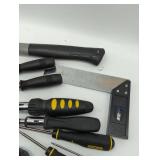 Mixed Hand Tool Set with Stanley Screwdrivers and vanadium Wrenches, hammer, utility knives. See images. All in lot, as is.