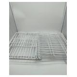 Stackable white coated wire shelving organizers. 3 flip out expandable, & 9 single shelves, with 3 additional unique pieces. See images.