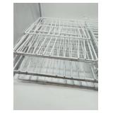 Stackable white coated wire shelving organizers. 3 flip out expandable, & 9 single shelves, with 3 additional unique pieces. See images.