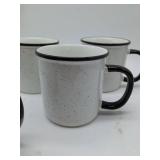 White Speckled Stoneware Mugs Set with Black Trim, 4 mugs.