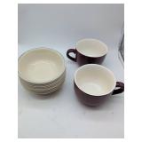 9 Correlle light blue rim bowls & 2 maroon soup mugs. 1 mug has crack. Used, as is, see images.