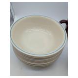 9 Correlle light blue rim bowls & 2 maroon soup mugs. 1 mug has crack. Used, as is, see images.