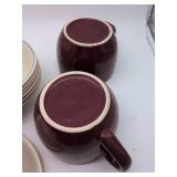9 Correlle light blue rim bowls & 2 maroon soup mugs. 1 mug has crack. Used, as is, see images.