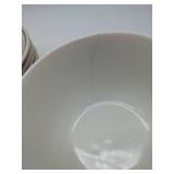 9 Correlle light blue rim bowls & 2 maroon soup mugs. 1 mug has crack. Used, as is, see images.