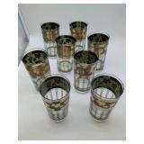 Vintage Mid-Century Cera Glass Tumblers with Green and Gold Grape Design, set of 8.