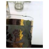 Vintage Mid-Century Cera Glass Tumblers with Green and Gold Grape Design, set of 8.