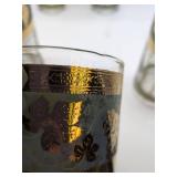 Vintage Mid-Century Cera Glass Tumblers with Green and Gold Grape Design, set of 8.