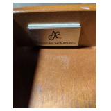 American Signature Side Table with Decorative Inlay, used/has cosmetic damage, as is, great project piece- heavy wood!