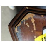 American Signature Side Table with Decorative Inlay, used/has cosmetic damage, as is, great project piece- heavy wood!