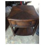 Traditional Wooden Side Table with drawer and Shelf, heavy wood. Used, see images for condition.  Good usable condition.