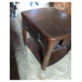 Traditional Wooden Side Table with drawer and Shelf, heavy wood. Used, see images for condition.  Good usable condition.