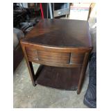 Traditional Wooden Side Table with drawer and Shelf, heavy wood. Used, see images for condition.  Good usable condition.