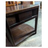 Traditional Wooden Side Table with drawer and Shelf, heavy wood. Used, see images for condition.  Good usable condition.