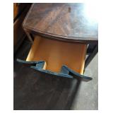 Traditional Wooden Side Table with drawer and Shelf, heavy wood. Used, see images for condition.  Good usable condition.