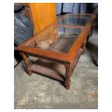 Vintage Wood Coffee Table w/ 2 Glass Inlay Pieces & Cane Shelf, 21 x 51 x 15 inches tall. Used, as is.