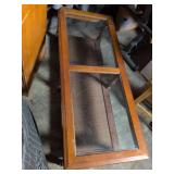 Vintage Wood Coffee Table w/ 2 Glass Inlay Pieces & Cane Shelf, 21 x 51 x 15 inches tall. Used, as is.