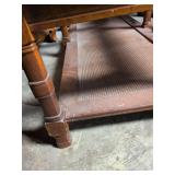 Vintage Wood Coffee Table w/ 2 Glass Inlay Pieces & Cane Shelf, 21 x 51 x 15 inches tall. Used, as is.