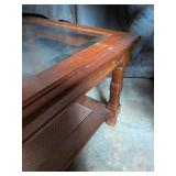 Vintage Wood Coffee Table w/ 2 Glass Inlay Pieces & Cane Shelf, 21 x 51 x 15 inches tall. Used, as is.