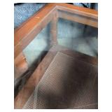 Vintage Wood Coffee Table w/ 2 Glass Inlay Pieces & Cane Shelf, 21 x 51 x 15 inches tall. Used, as is.